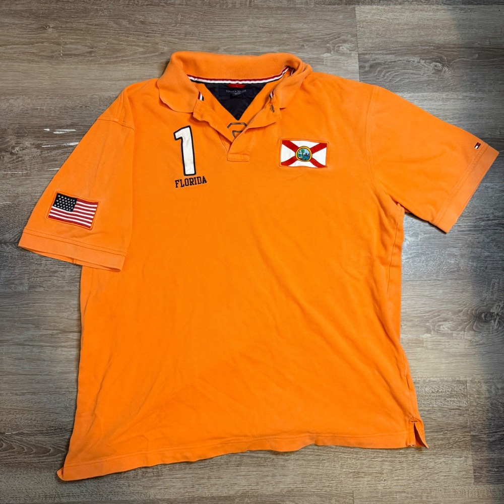Vintage Tommy Hilfiger Mens XL Orange Florida USA Flag Polo Shirt Short Sleeve